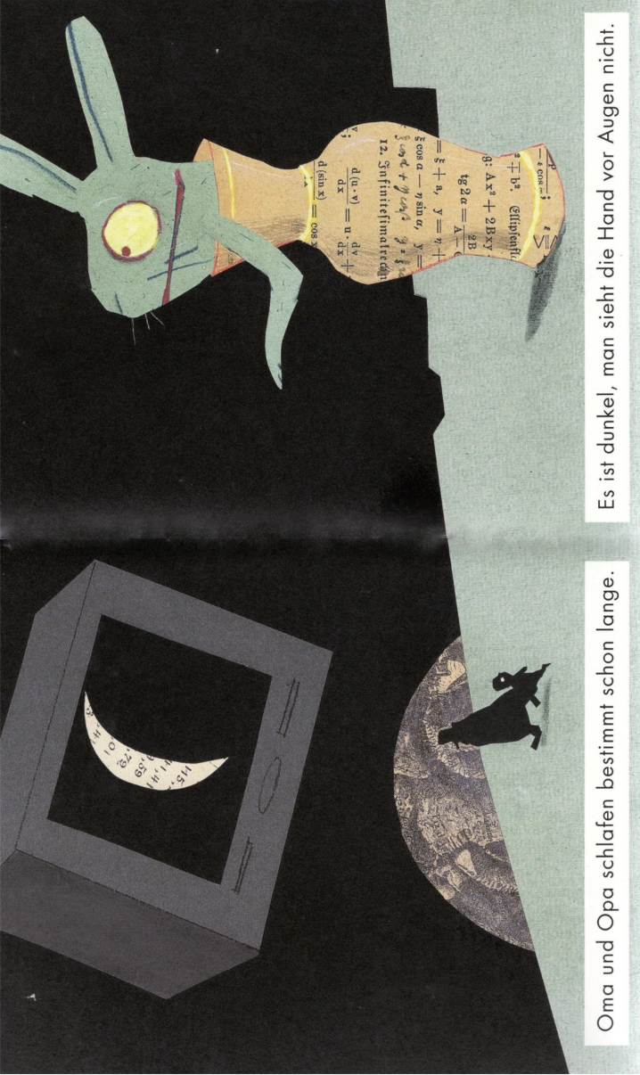 Collage mit grünem Hasen mit Zeitungskörper, Fernseher mit Mondsichel und kleiner Silhouette vor dunklem Hintergrund